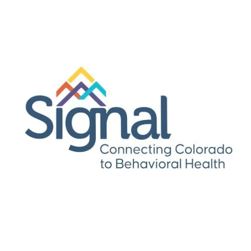Logo for Signal, with stylized mountain peaks above the word 'signal', and the tagline 'Connecting Colorado to Behavioral Health' underneath.