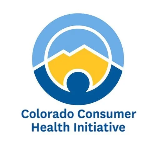 Logo of Colorado Consumer Health Initiative featuring a stylized mountain and person within a circle, with the organization's name below.