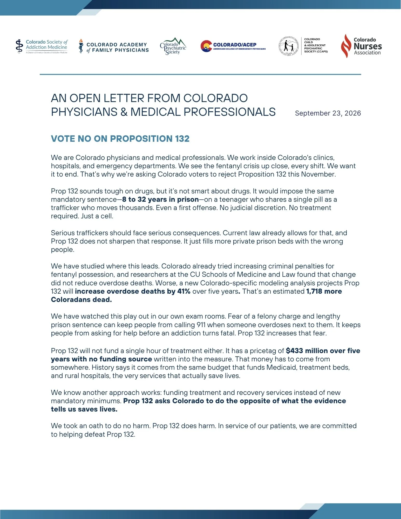 A document titled 'An Open Letter from Colorado Physicians & Medical Professionals', dated September 23, 2026. It discusses opposition to Proposition 132, highlights concerns about drug sentencing and overdose deaths, and advocates for alternative approaches focused on treatment and recovery.