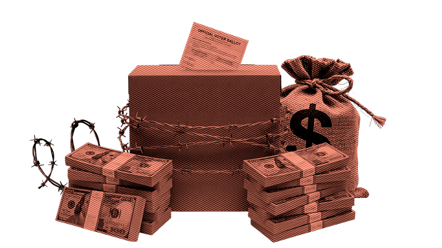A cardboard box with a voter ballot on top, surrounded by barbed wire and stacks of money and a money bag with a dollar sign.