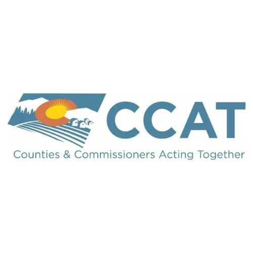 Logo of Counties & Commissioners Acting Together (CCAT) featuring a sunset, mountain, and farmland, with the organization's name and slogan.
