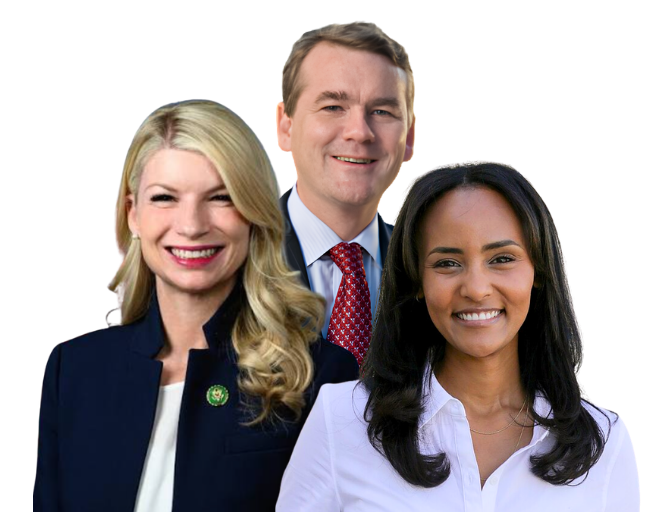 Three professionally dressed individuals, two women and one man, smiling for the camera.