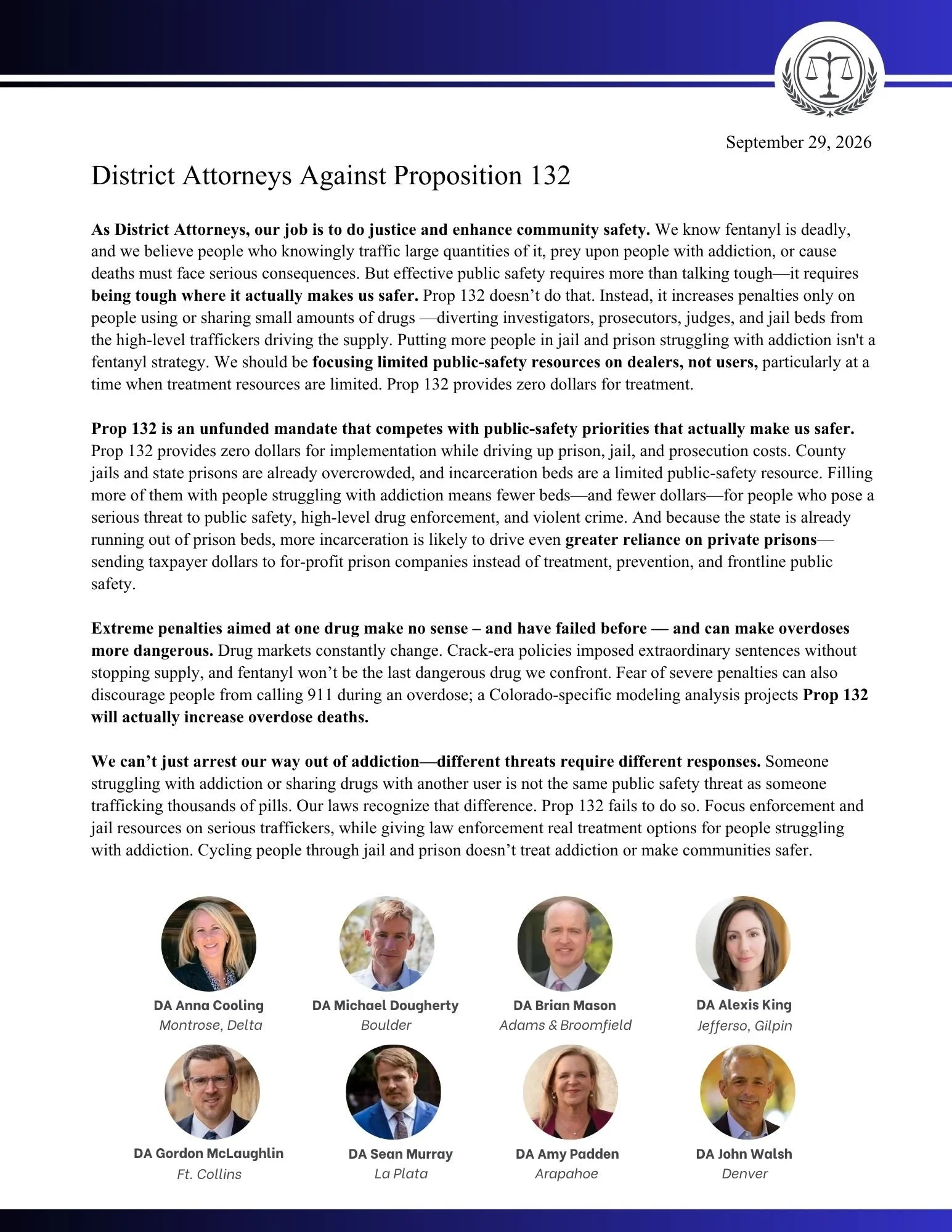 Official flyer or document discussing opposition to Proposition 132, dated September 29, 2026, featuring images of several individuals, each with their name and location below their photo.