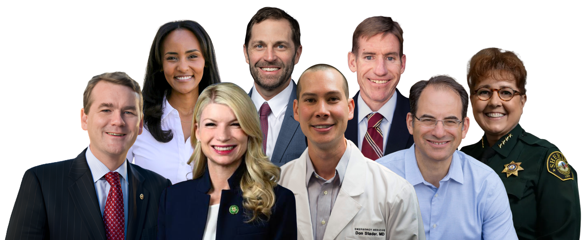 Group of ten diverse professionals, including doctors, a nurse, a sheriff, and businesspeople, smiling for a photo against a black background.