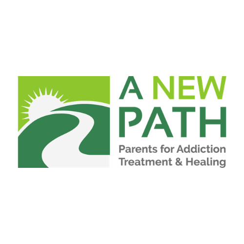 Logo for A New Path, a group focused on addiction treatment and healing, featuring a sun, a winding path, and text in green and gray.
