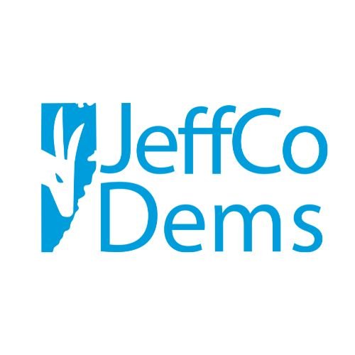 Logo of JeffCo Democrats with blue text and emblem.