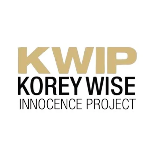 Logo for KOREY WISE INNOCENCE PROJECT with the letters 'KWIP' in gold and black text