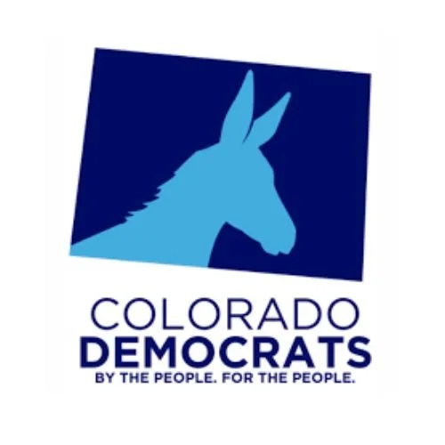 Logo of Colorado Democrats featuring a blue donkey head on a dark blue background with the text "Colorado Democrats" and the slogan "By The People. For The People."