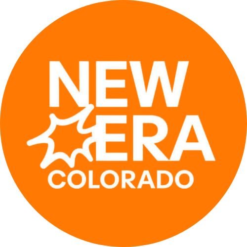 Orange circular logo with white text that reads "New Era Colorado" and a white burst graphic.