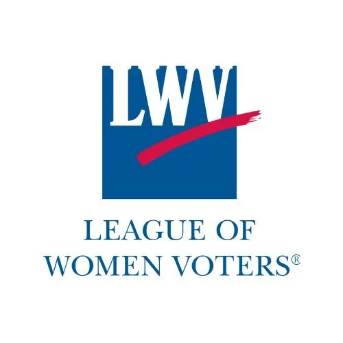 Logo of League of Women Voters with a blue square background, white letters 'LWV', and a red checkmark under 'W'.