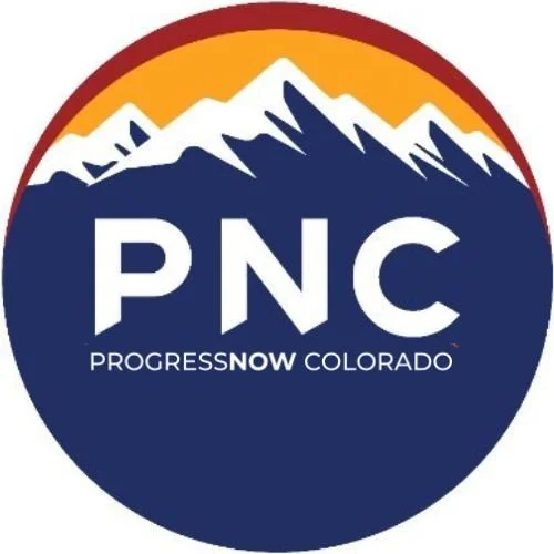 A circular logo with a mountain range and sunset background, featuring the text 'PNC PROGRESS NOW COLORADO'.