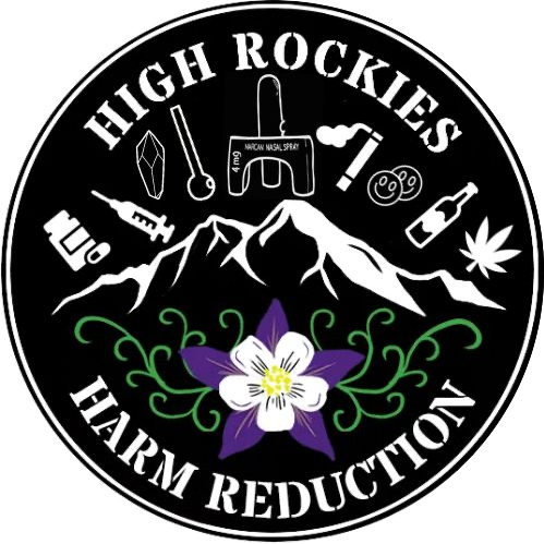 Logo with mountain range, cannabis leaf, and purple flower, featuring medical items like a syringe, nasal spray, pill, and bottle with text 'High Rockies Harm Reduction'.