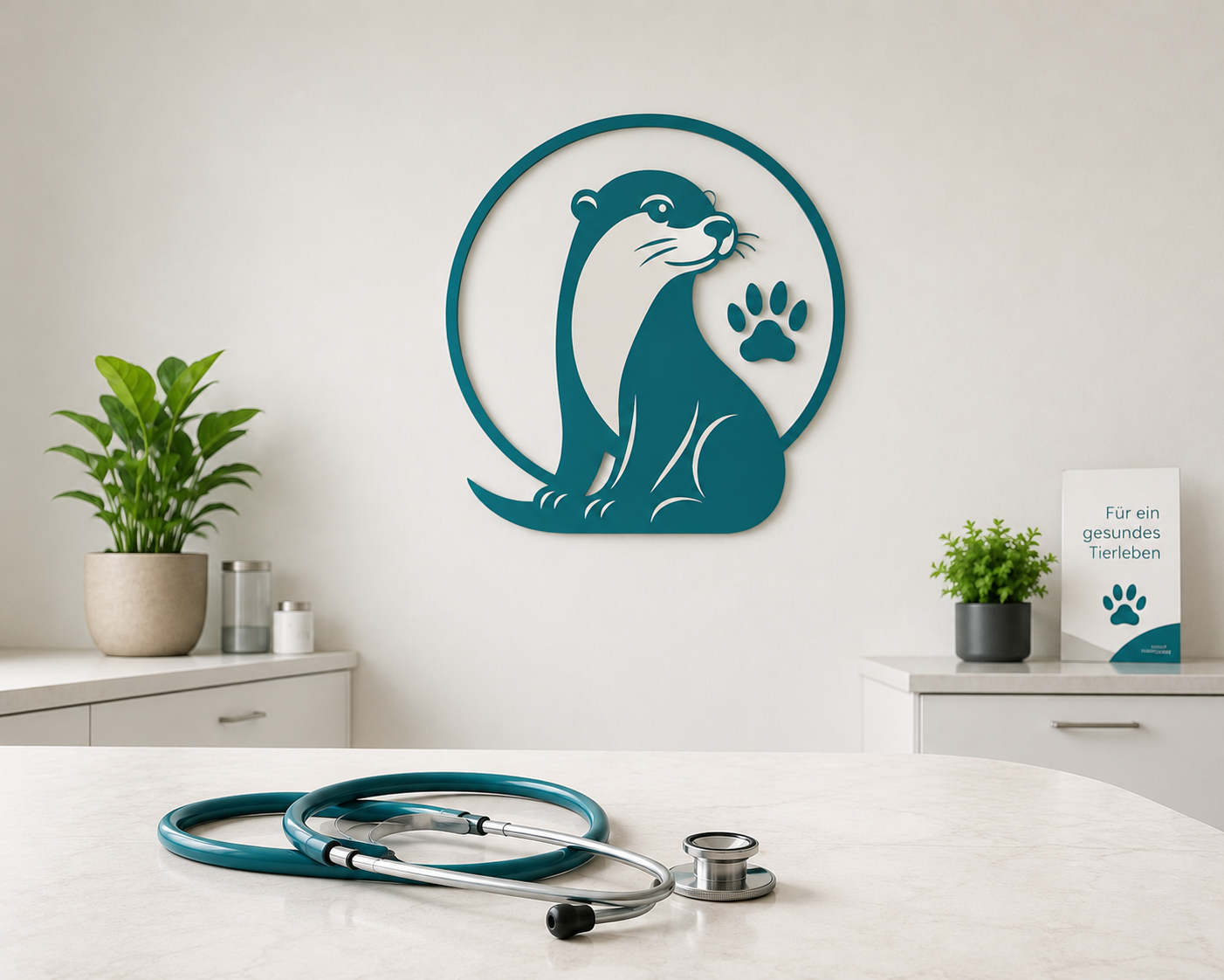 Ein gemütlicher Raum mit einem weißen Tisch, auf dem ein Stethoskop liegt. An der Wand ist ein großes, blaues Logo eines Otters mit einer Pfote. Es gibt Pflanzen auf den Tischen und einen Aufsteller mit der Aufschrift 'Für ein gesundes Tierleben'.