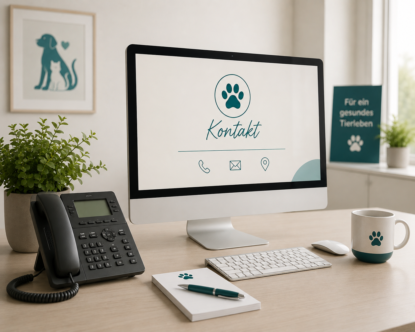 Schreibtisch mit Computer, Telefon, Notizbuch, Kugelschreiber, Tasse, Pflanzen und einem Schild, das für gesundes Tierleben wirbt, in einem modernen Büro.
