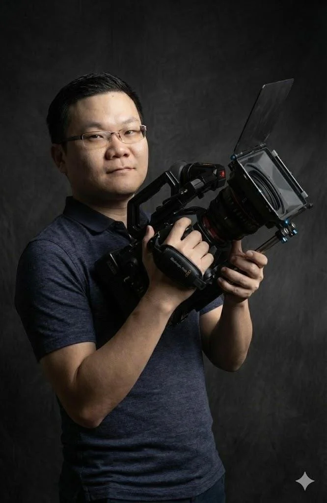 Man holding a professional video camera with a matte box and monitor, against a dark background.