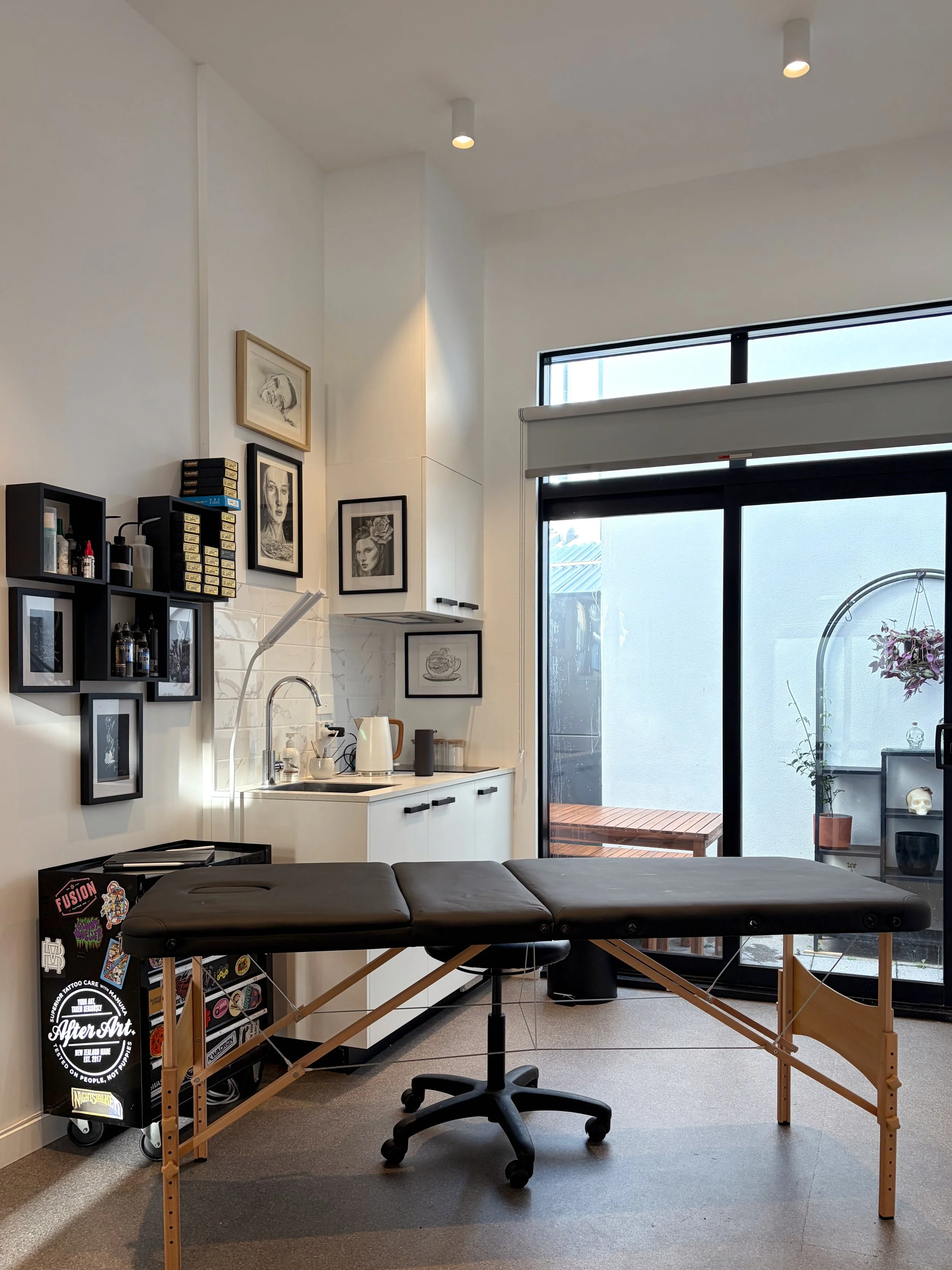 Private tattoo studio at Paper & Skin Studio in Wellington.