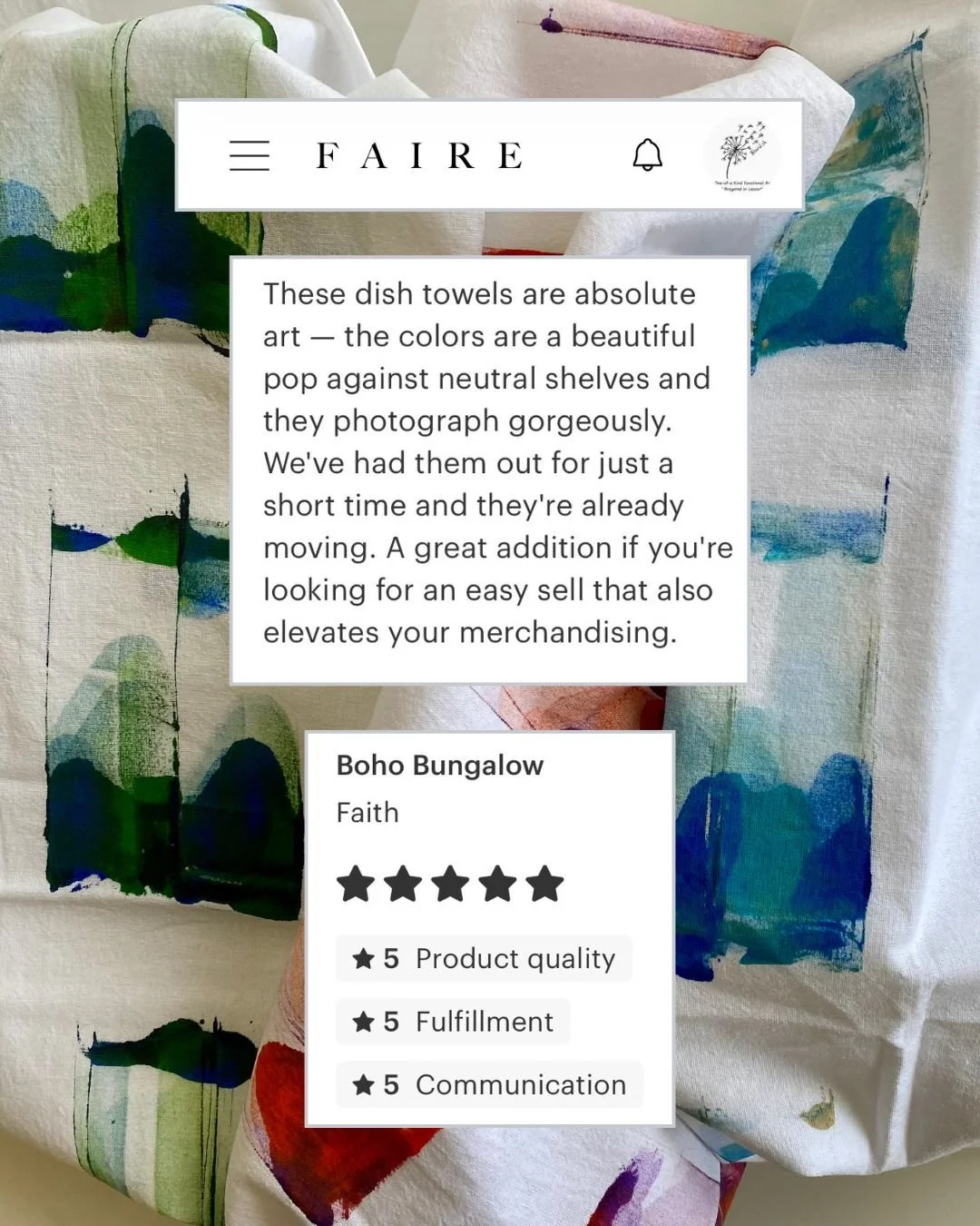 Decorative dish towels with colorful abstract art designs, featuring watercolor-like patterns in blue, green, purple, and red on a neutral background.