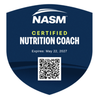 Badge that says 'NASM Certified Nutrition Coach' with expiration date May 22, 2027, a QR code, and a blue background.