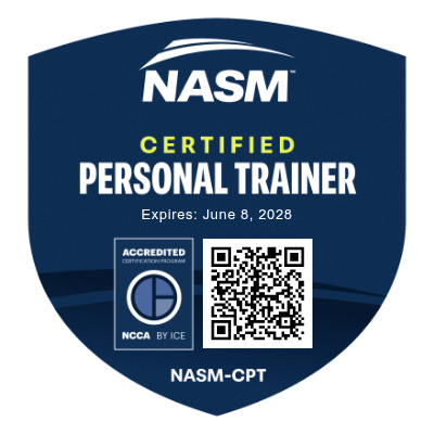 NASM Certified Personal Trainer certification badge with expiration date June 8, 2028, featuring a QR code and accreditation logo.