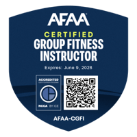 A circular badge for an AFAA Certified Group Fitness Instructor, with expiration date June 9, 2028, and a QR code in the center.