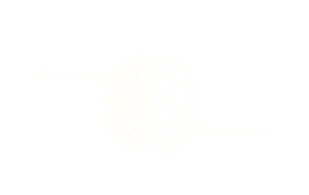A white continuous line drawing of a human brain on a black background.