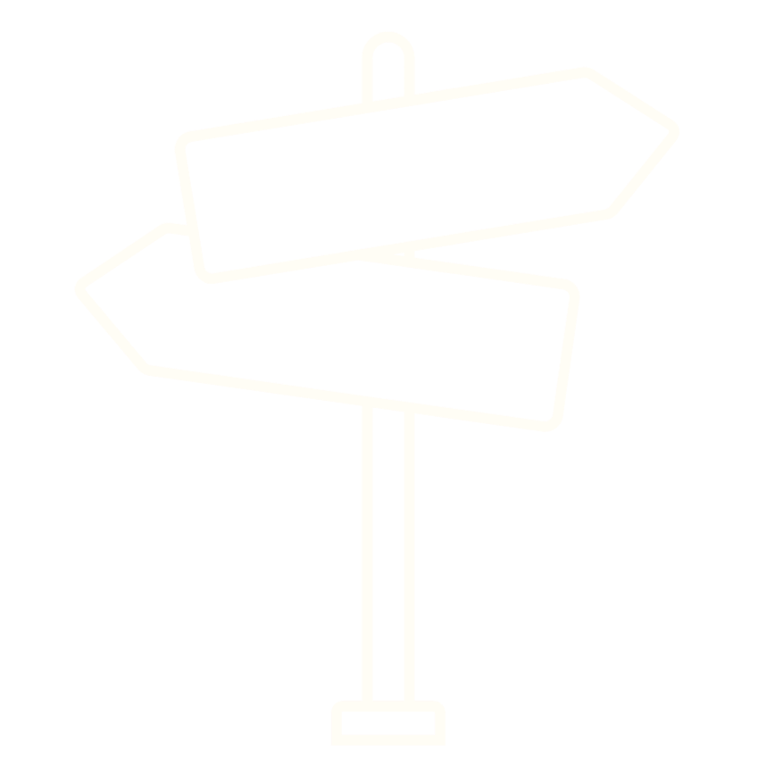 Black and white outline of a directional signpost with two arrow signs pointing in different directions, mounted on a pole.