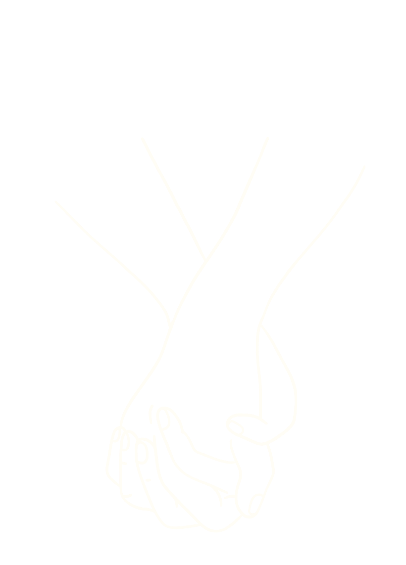 Outline of two clasped hands, one above the other, with intertwined fingers, depicted with white lines on a black background.