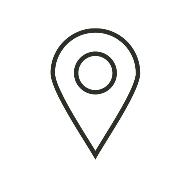 Outline of a map location pin icon on a black background.