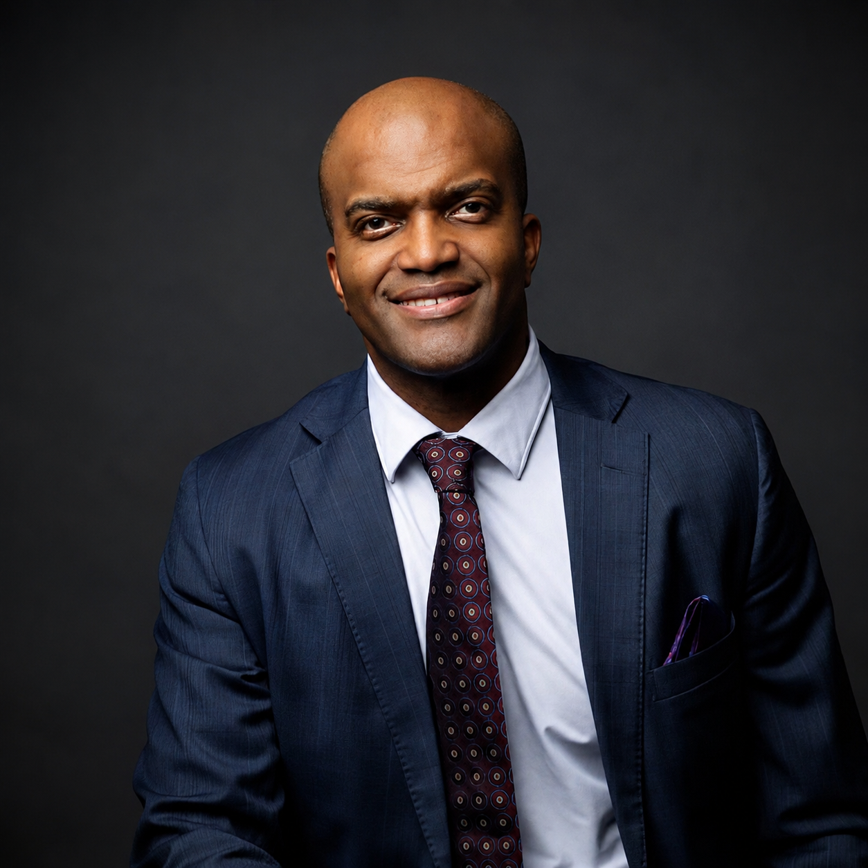 Professional portrait of Tony Brazwell in a dark blue suit, white shirt, and patterned tie, against a black background.