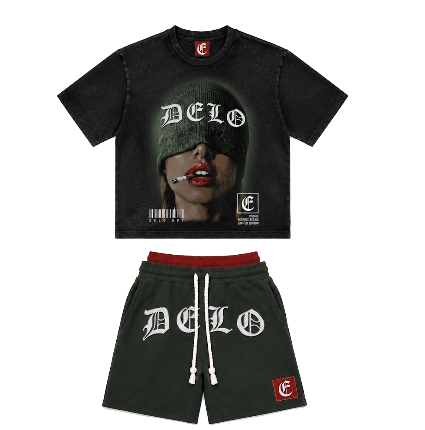 A black t-shirt featuring a woman with a green beanie covering her eyes, holding a cigarette in her mouth, with the word 'DELG' printed across her forehead. Paired with dark green shorts with white drawstrings and a red patch.