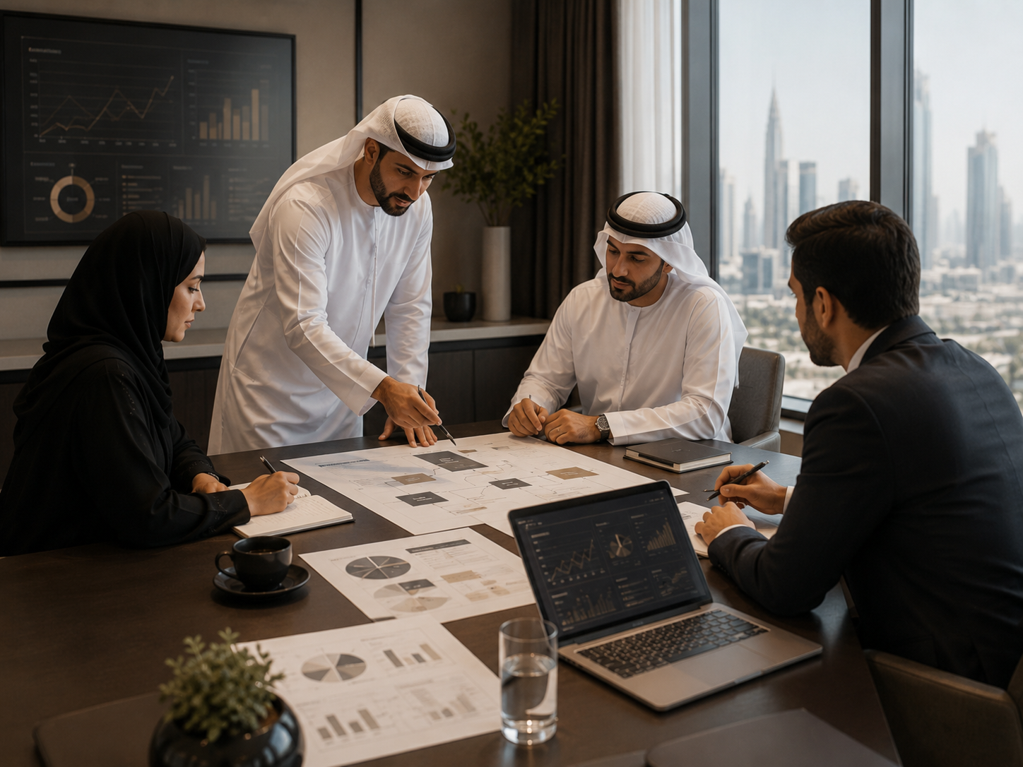 Five business professionals in traditional Middle Eastern attire and Western business suit having a meeting in a modern conference room with city view, analyzing charts and graphs on paper and laptop.