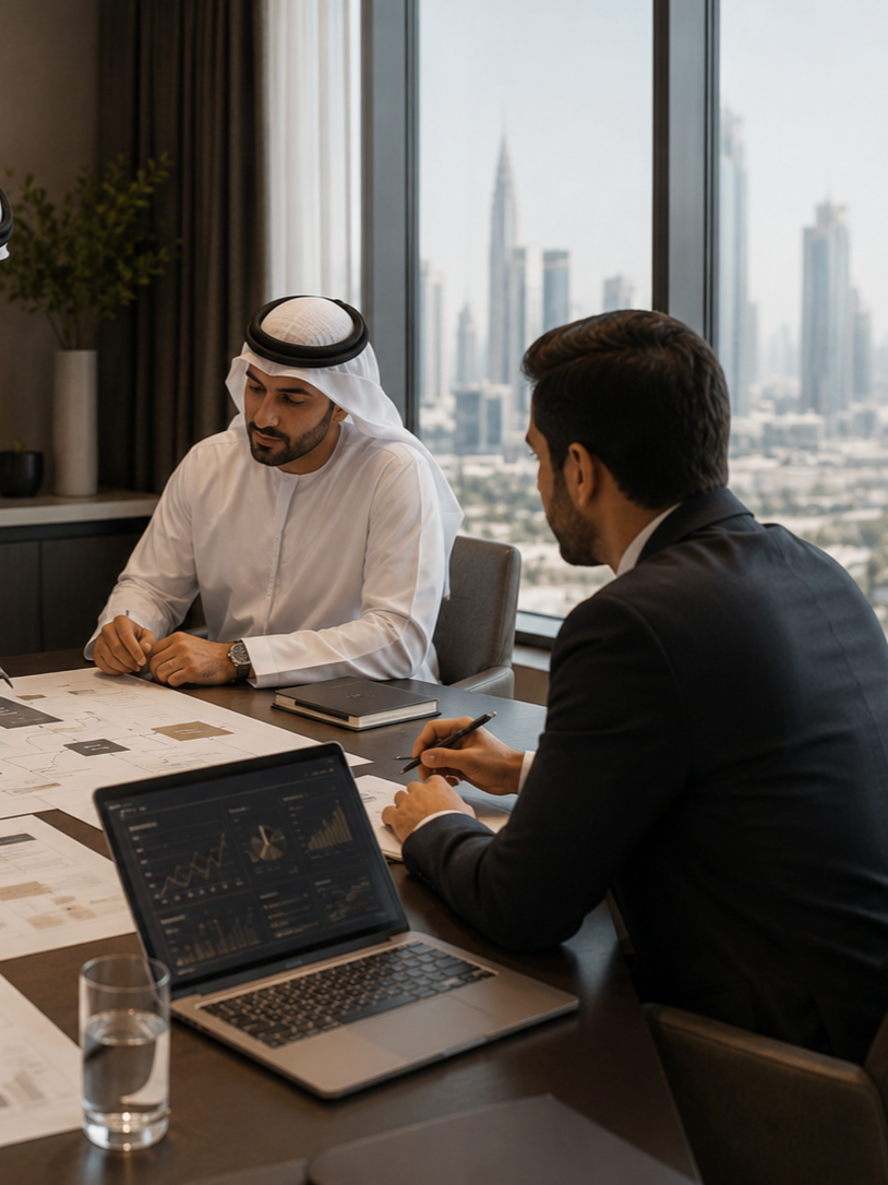 Two men are having a business meeting in a modern office with a city skyline view. One man is dressed in traditional Middle Eastern attire with a white kandura and head covering, while the other man is wearing a black suit. They are seated at a table with documents, a laptop displaying financial charts, and a glass of water.