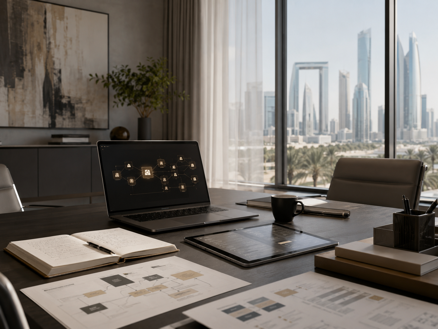 Office conference room with a large window showing a city skyline.