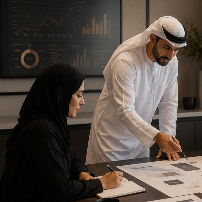 A man in traditional Middle Eastern attire presents plans to a woman in a black hijab during a business meeting in an office, with graphs and charts displayed on screens behind them.
