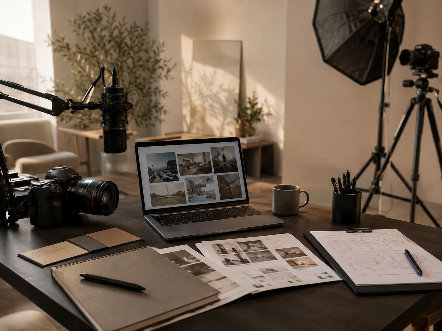 A photography workspace with a laptop displaying photos, a DSLR camera, a microphone on a boom arm, a camera on a tripod, photo prints, notebooks, a pen, a mug, and a pen holder on a wooden table, with a blurred background including plants and a mirror.