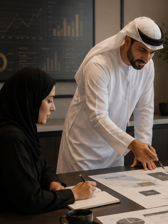 A man in traditional Middle Eastern attire and a woman wearing a hijab are in a meeting room studying documents and charts on a table.