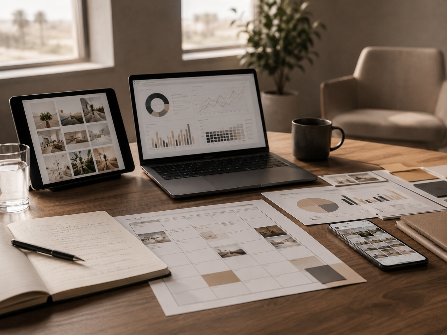Office desk with a tablet displaying photos, a laptop showing graphs, printed charts, a smartphone with photo gallery, a notebook with handwritten notes, a pen, a black coffee mug, a glass of water, and a houseplant in the background near a window.