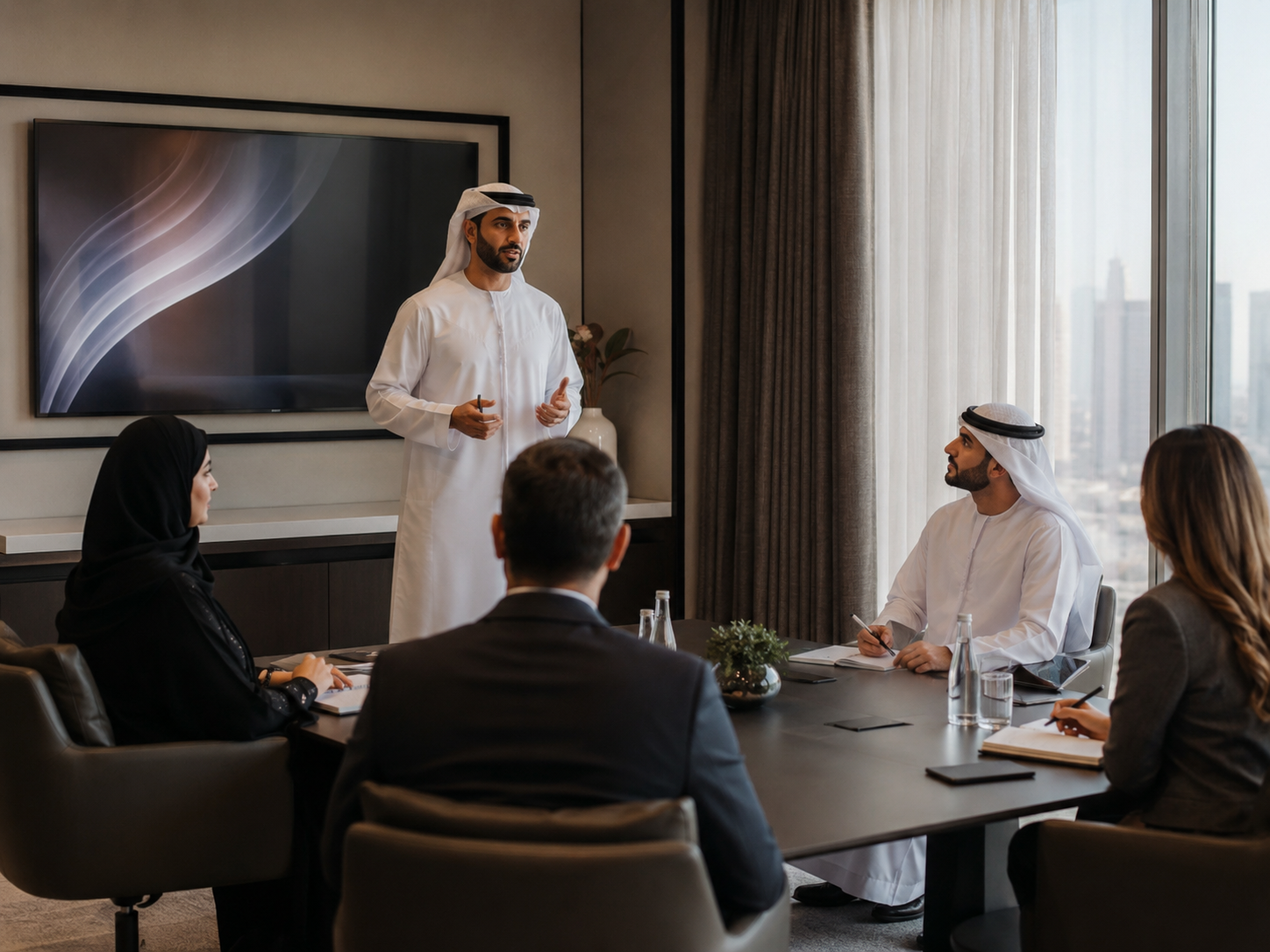 A business meeting in a conference room with five people listening to a man speaking. The man is wearing traditional Middle Eastern attire and standing in front of a large screen. The other four individuals are seated around a table, with notebooks and water bottles in front of them, with city skyline visible through the window.