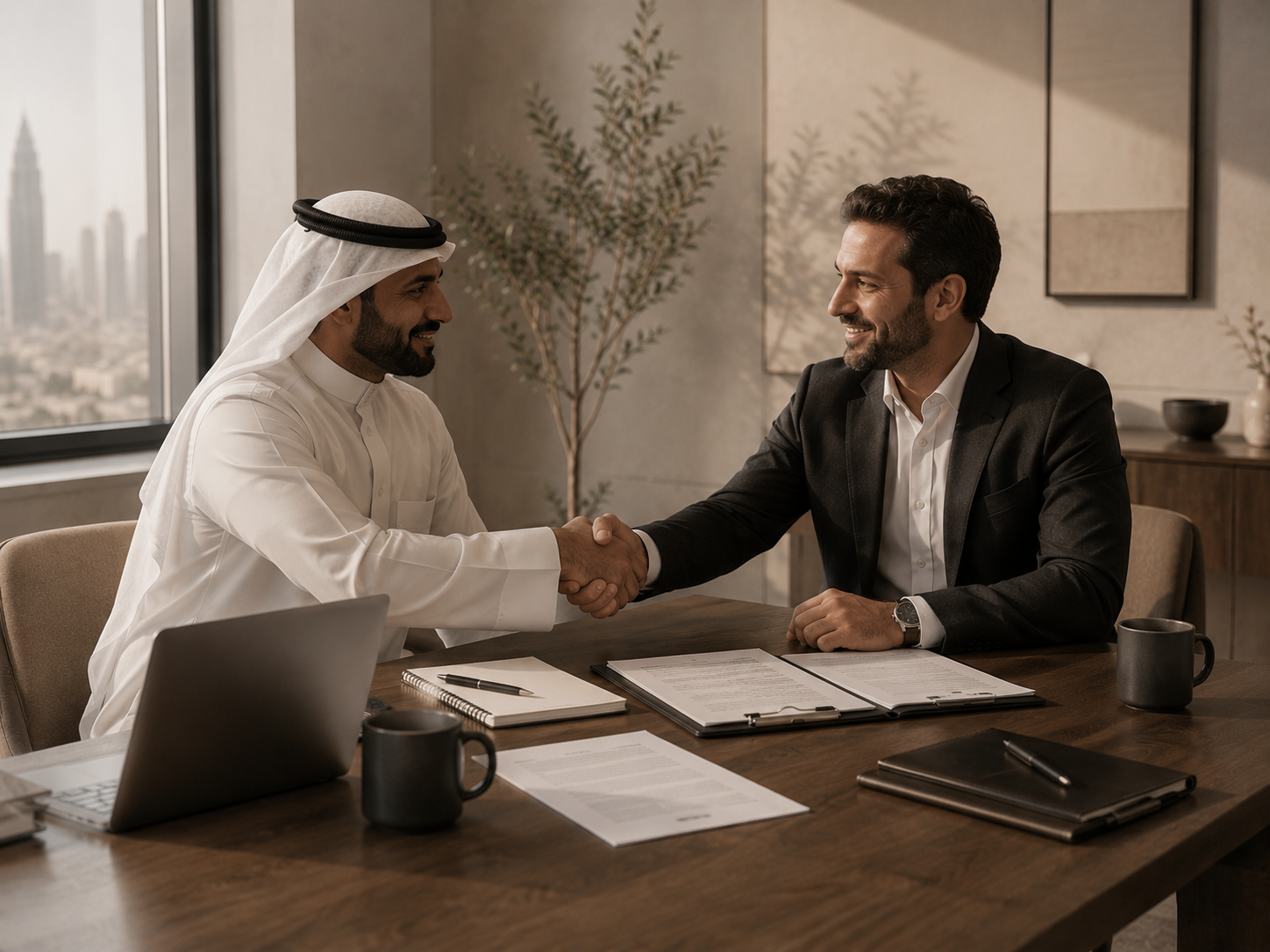 Two men in business attire shaking hands across a table in an office, with documents, a laptop, and coffee mugs.