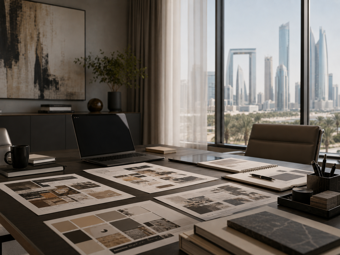 Modern office conference room with conference table, open laptop, design plans, notepads, pens, coffee mug, and city skyline view through large windows.