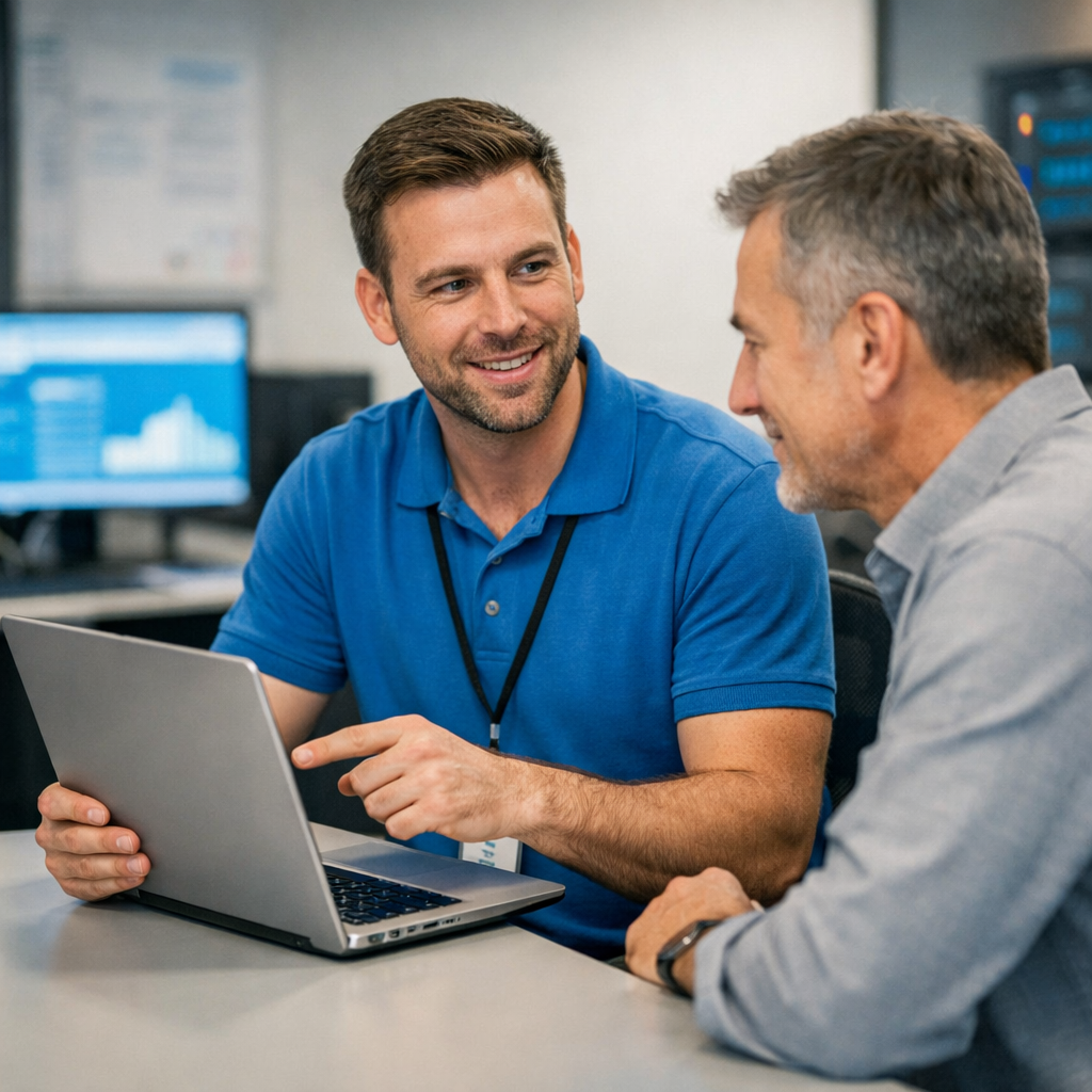Two men in an office discussing something on a laptop, with computer monitors displaying data in the background.
