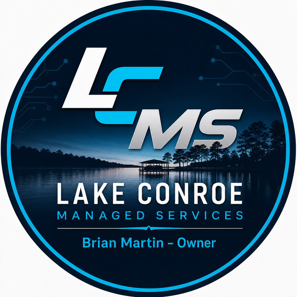 Logo for Lake Conroe Managed Services featuring a night scene with a lake, trees, and a dock, with text indicating ownership by Brian Martin.