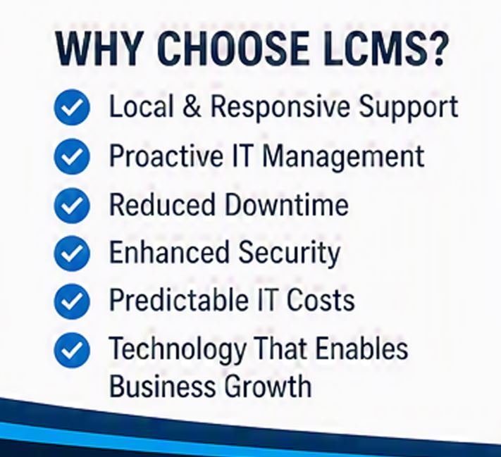 A promotional graphic titled "Why Choose LCMS?" listing benefits including local and responsive support, proactive IT management, reduced downtime, enhanced security, predictable IT costs, and technology that enables business growth.