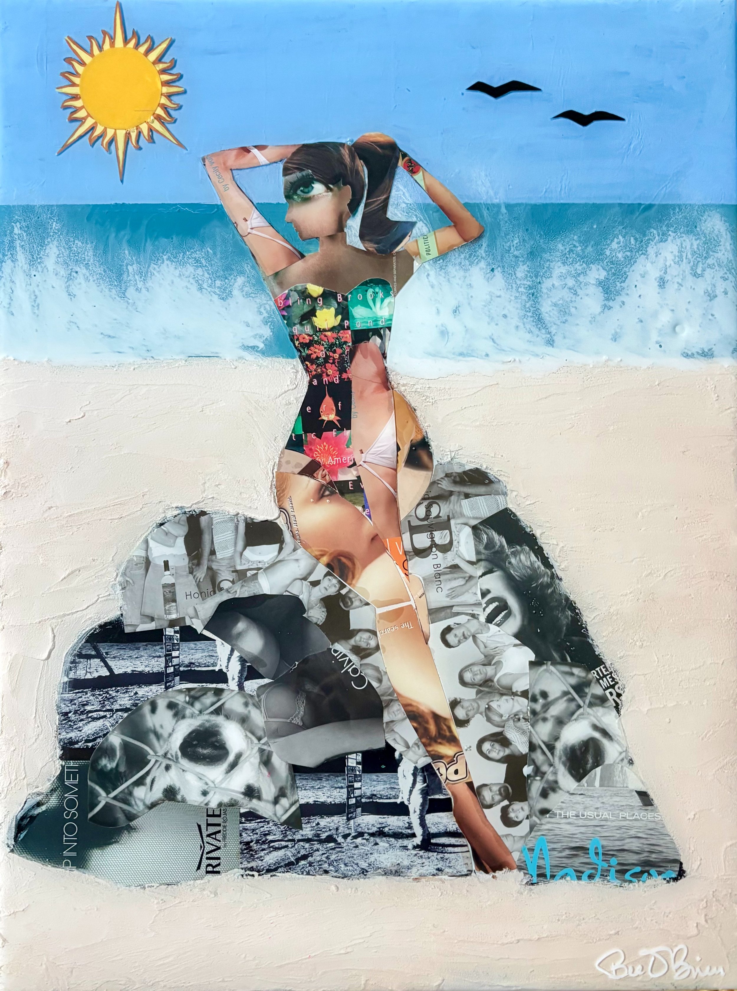 PAPER GIRL ON THE BEACH  (2026)
Series: PLAY
Postcards from 1990s LA bars,, acrylic paint,  and resin on 18x24” Box Canvas
Beth Bruckner O’Brien

