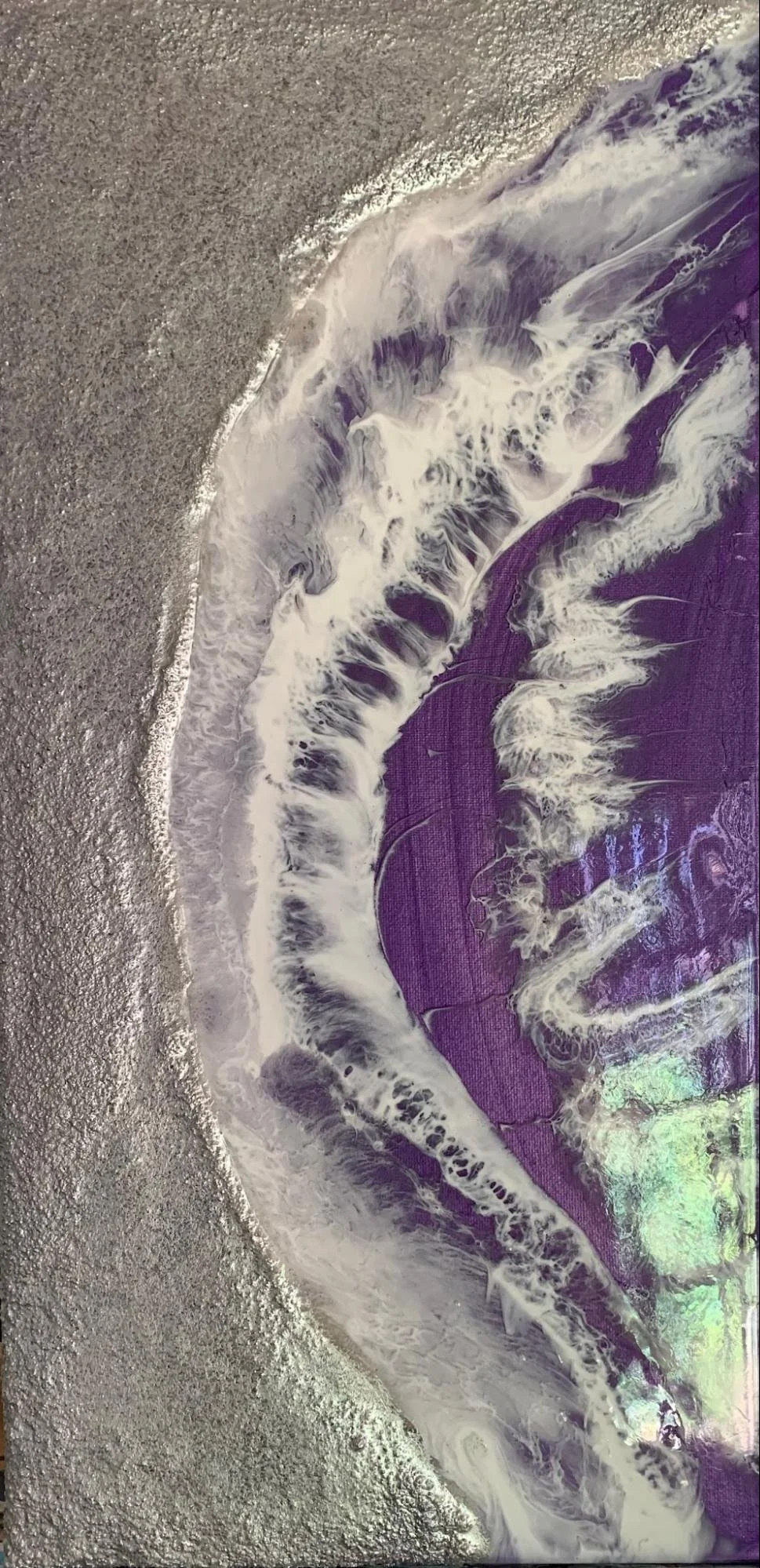 “Alien Beach” - SOLD, acrylic paint, sand, silicone oil and resin on 10x20 inch box canvas 