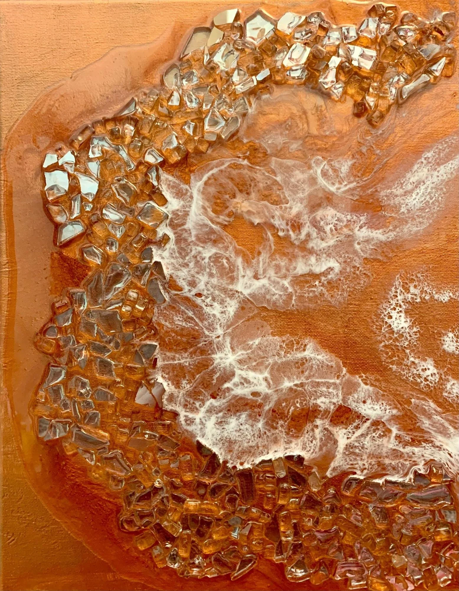 “Copper Cove” - SOLD, acrylic paint, crystals, resin on 12x16 inch box canvas