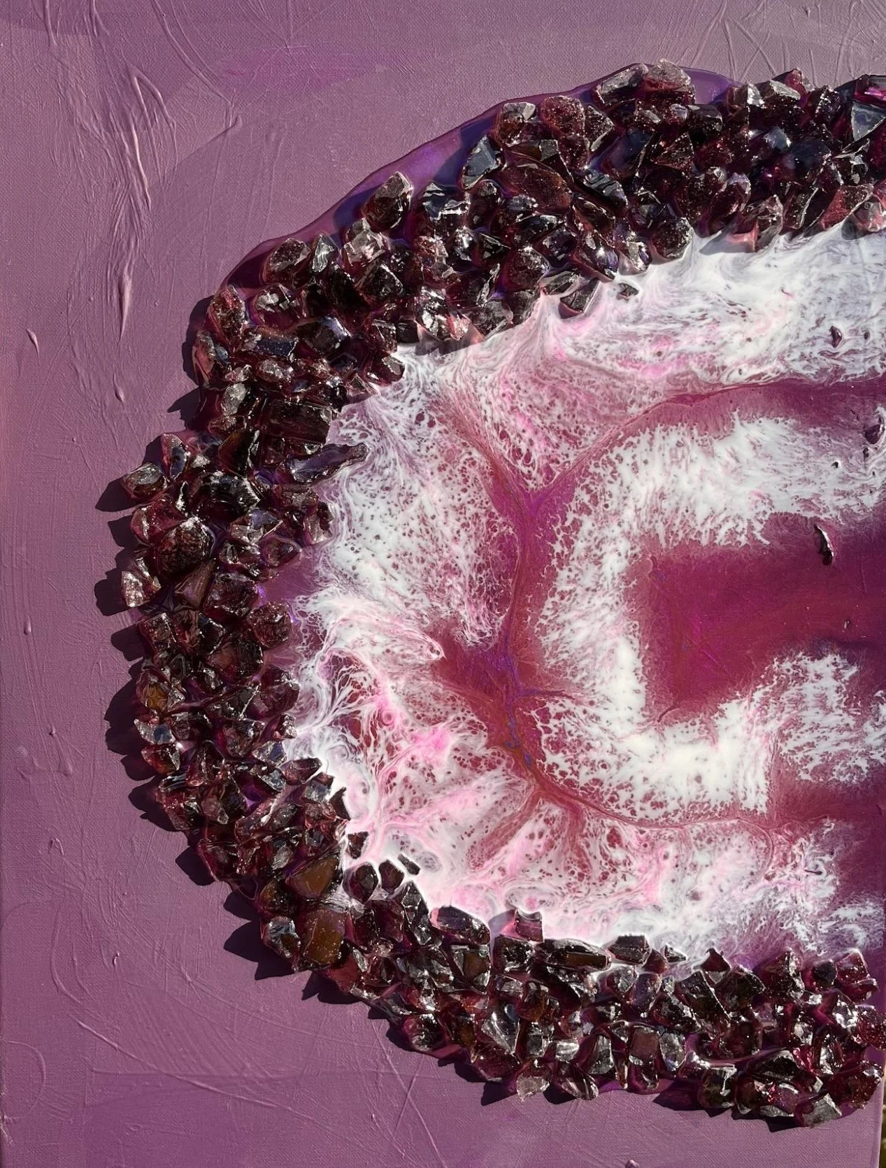 “Aubergine Geode” - SOLD, acrylic paint, crystals and resin on 16x24 inch box canvas