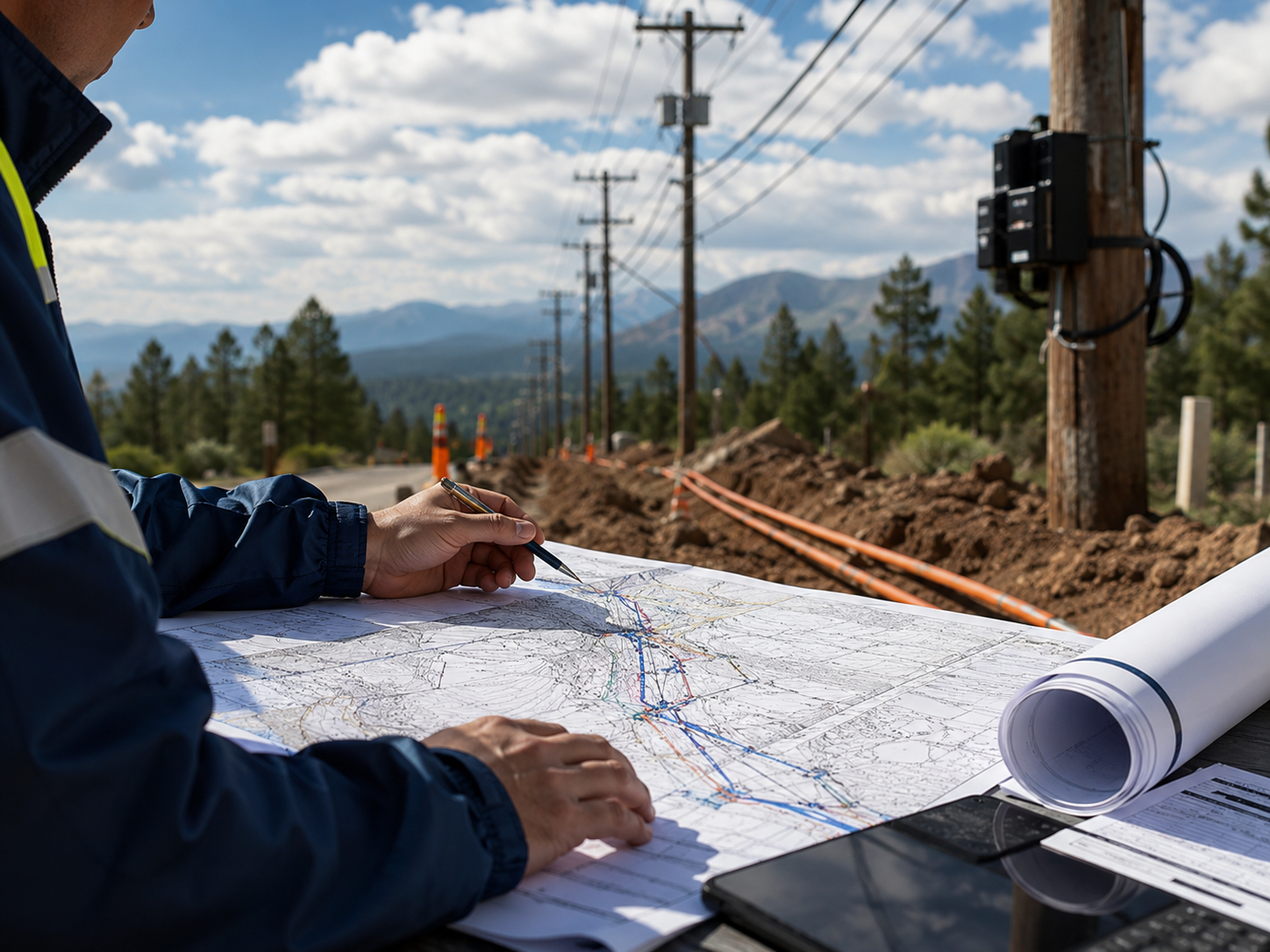 Construction plans reviewed at an outdoor infrastructure worksite near utility poles
