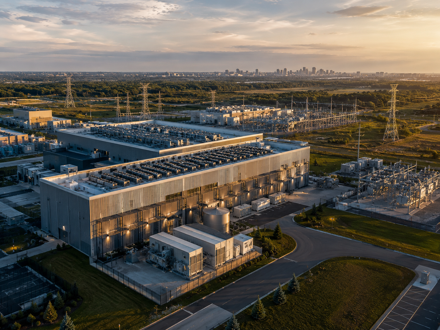 Industrial facility with large buildings, rooftop equipment, and electrical transmission towers at sunset.