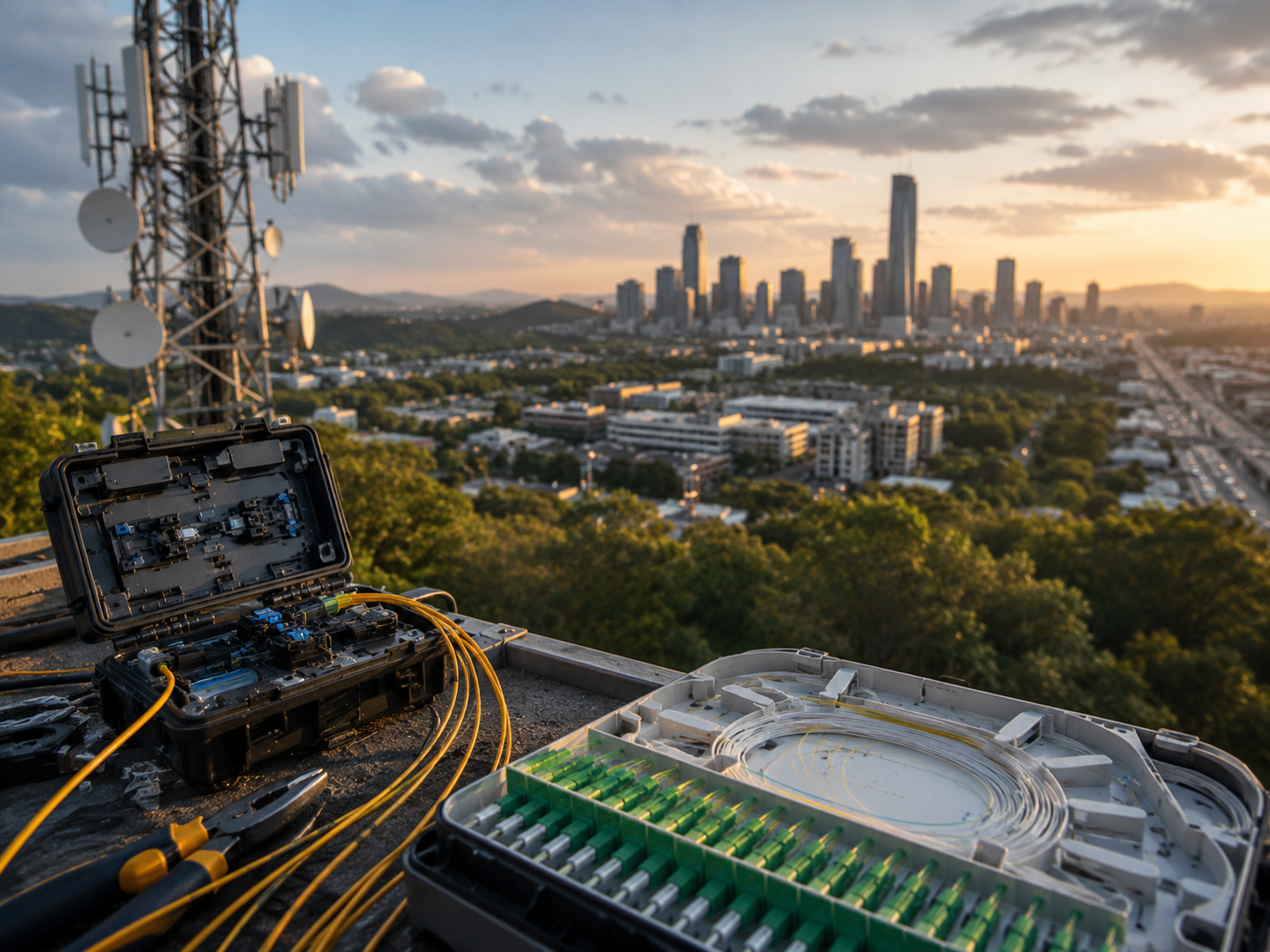 Telecom rooftop tools with city skyline and communications tower at sunset
